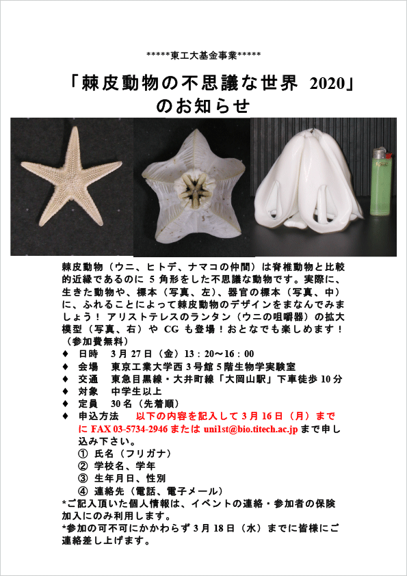 科学教室「棘皮動物の不思議な世界 2020」 ポスター