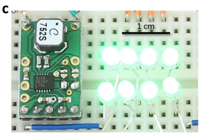 セルからの出力を市販の昇圧回路（写真中）で昇圧後、緑色のLED8灯を連続同時点灯したデモ。