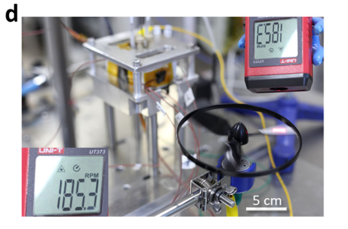 セルからの出力をモーターにつなぎ、3枚羽根のファンを回したデモ。羽根のうち一枚に光反射シートをつけ、デジタル回転計測器（写真中）からのレーザー光を反射し、回転数を計測している。ここでは毎分185回転の定常運転を達成している。本図の著作権情報は注1参照。