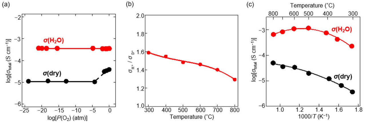 図2. 直流四端子法で測定したBa2LuAlO5の電気伝導度σtotal （a）σtotalの酸素分圧P(O2)依存性（σ(dry)：乾燥雰囲気下、σ(H2O)：H2O気流中）。 （b）σ(H2O)とD2O気流中でのσtotalとの比。 （c）σ(dry)：乾燥窒素気流中におけるσtotal、σ(H2O)：H2Oを飽和させた窒素気流中でのσtotalのアレニウスプロット。（©著者ら、Springer Nature 2023）