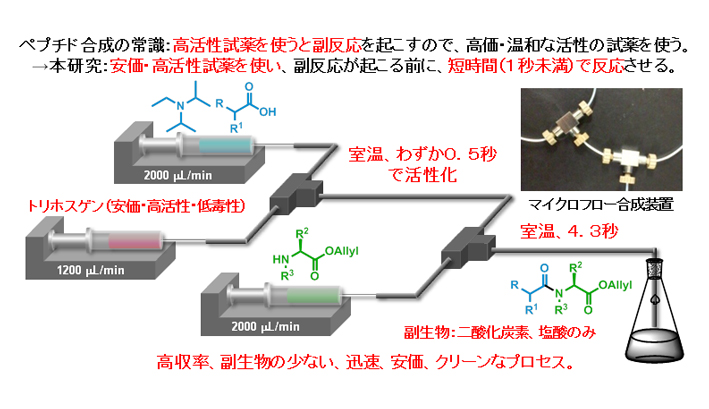 開発された安価な試薬を用い短時間(<5秒)・高収率のペプチド合成法のプロセス