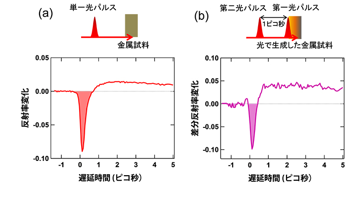 （a）金属状態の試料に単一の光パルスを照射したとき、及び（b）第一光パルスで生成した状態にさらに第二光パルスを照射したときの反射率の時間変化。光照射直後（0ピコ秒）の塗りつぶされている応答が、金属から絶縁体の変化に対応している。（b）では、第一光パルスによる反射率変化を除いている。