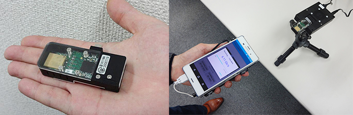 60GHz帯無線モジュール（左）とスマートフォンへの6.1 Gbps無線ファイル転送実験の様子（右）