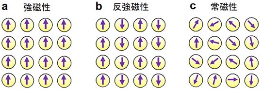 図6a: 強磁性、図6b: 反強磁性、図6c: 常磁性（非磁性）の模式図。各矢印が原子の磁化を表しています。