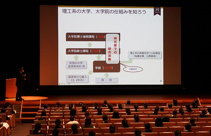 理工系大学について説明する篠崎名誉教授