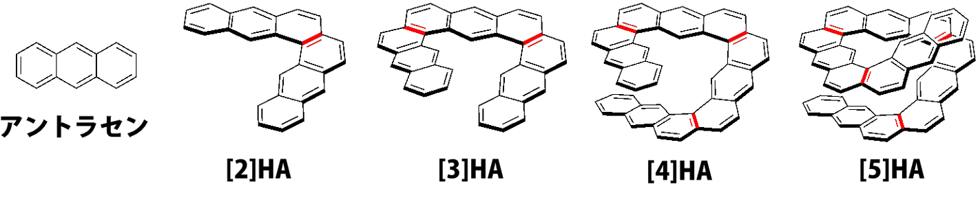 図3. アントラセンと合成したらせん形縮合アントラセン[n]HAの分子構造