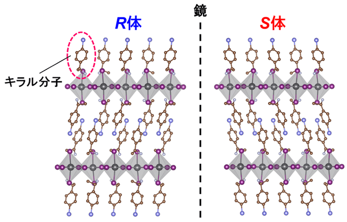 図2. キラルな二次元有機・無機ハイブリッドペロブスカイト半導体の結晶構造。有機層と無機層が交互に積層している。有機層にキラル分子を組み込むことで、系のキラリティ制御が可能。