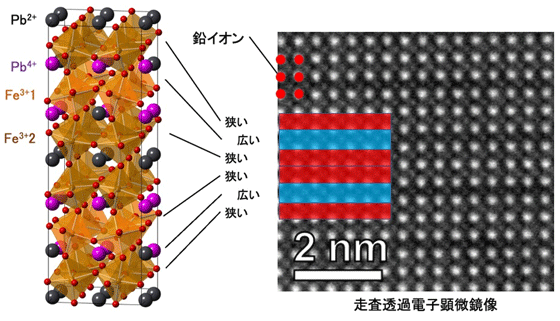 図1. PbFeO3の結晶構造と、走査透過電子顕微鏡像の比較。Pb2+のみの層と、Pb2+とPb4+が1:3の層2枚が交互に積み重なるため、後者に挟まれたFe1と、前者と後者の間のFe2が存在する。また、静電反発のため、Pb4+を含むPb-O層間の間隔が広くなっている。