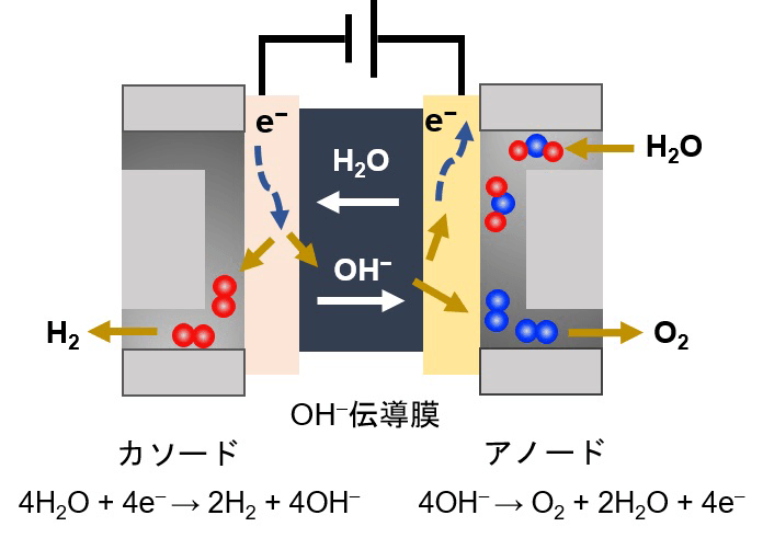 図1. 高分子膜を電解質としたアルカリ水電解の概略