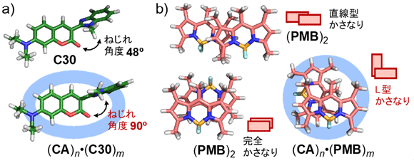 図4. 量子化学計算によるa）内包前後のC30のねじれ構造とb）既報と内包後の(PMB)2のかさなり構造
