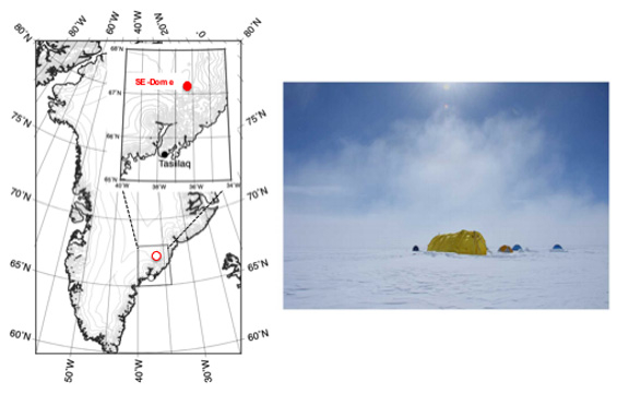 図2. アイスコア掘削地点と現地の写真