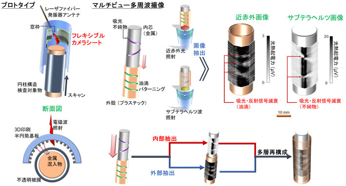 図2 反射系マルチビューカプセル型イメージャーのプロトタイプ概略（左）と多層断層画像の抽出への応用（右） 