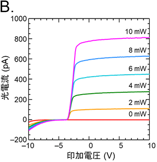 電気的に検出したNVセンタからの光電流。正の電圧はダイオードに対して逆バイアスを表している。レーザパワーを0-10 mWまで変えたときの結果。