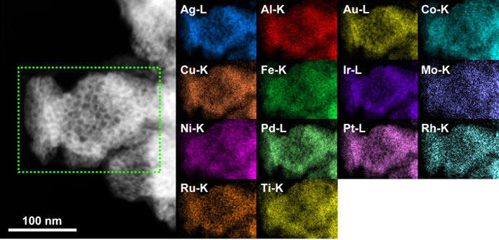 図3 14元素ナノポーラス超多元触媒のX線マッピング像 電子顕微鏡のX線分析機能を使って、各元素の分布を調べた結果です。 均一に元素が分布していることが確認できます。