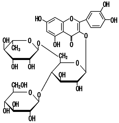 図1 α-グルコシルルチンの構造 α-グルコシルルチンは、フラボノイド配糖体であるルチンの誘導体。ルチンにグルコースを付加した化合物。ルチンよりも水溶性が高い。