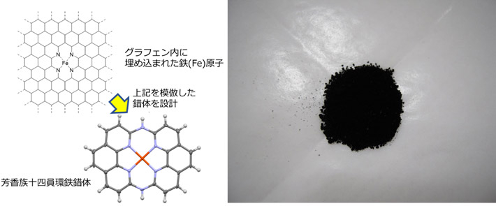 図1 本研究の概念図と、作製した触媒粉末。左上の熱系熱処理型触媒の図では、グラフェンシート内の中央に、鉄原子（Fe）がその周囲を囲む窒素原子（N）によって埋め込まれたような構造が見られる。左下は、今回開発を行った新たな酸素還元反応（ORR: Oxygen Reduction Reaction）の触媒としての芳香族十四員環鉄錯体のモデル。