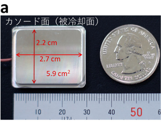 本研究で用いた、排熱面を模擬したカソード電極（面積：5.9 cm2）。比較は米国25セント硬貨。