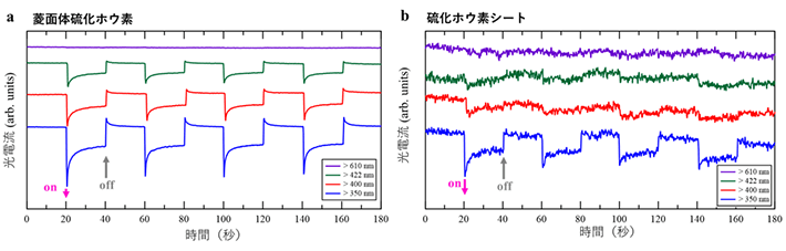 図5 （a）菱面体硫化ホウ素および（b）硫化ホウ素シートの光照射による電気化学的光電流応答の照射光波長依存性（20秒ごとに光のOnとOffを切り替えた際の電流の変化）。紫：610 nm以上の波長の光照射、緑：422 nm以上の波長の光照射、赤：400 nm以上の波長の光照射、青：350 nm以上の波長の光照射。菱面体硫化ホウ素では422 nm以上の波長（可視光）の光照射（緑）でも電流が流れている（光照射のOnとOffに応じて電流が変化している）のに対して、硫化ホウ素シートでは350 nm以上の波長の光照射（青）（紫外光の照射）でのみ電流が流れている。