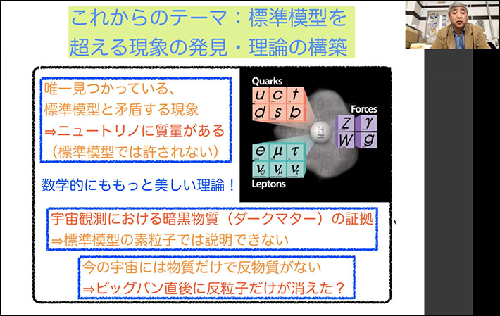 前期3日目：「ニュートリノに質量がある現象」に関して講演する久世教授