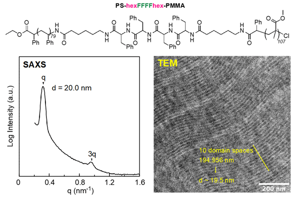 図2. HexFFFFHex配列のオリゴペプチドをつなぎ目に有するPS-block-PMMAとSAXSとTEMによる長周期ラメラ構造の確認