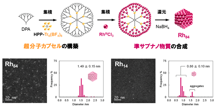 図2. 超分子カプセルを利用した準サブナノ物質の合成。超分子カプセルに金属イオンを加えてメタロ錯体を形成させ、続いてこれを還元することで目的の準サブナノ物質を得る（上）。下は、超分子カプセルを用いて合成した準サブナノサイズのロジウム粒子（Rh84、左下）と、デンドロンユニットのみで合成されたサブナノクラスター（Rh14、右下）の走査型透過電子顕微鏡像。超分子カプセルを利用した場合のみ、より大きなサイズのロジウム粒子が得られる。