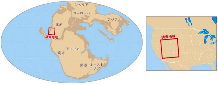 図1. （左）約2億年前のパンゲア超大陸の大陸分布図。（右）調査対象の北米中西部（ユタ州、ネバダ州、アリゾナ州、ニューメキシコ州、コロラド州、アイダホ州、ワイオミング州）