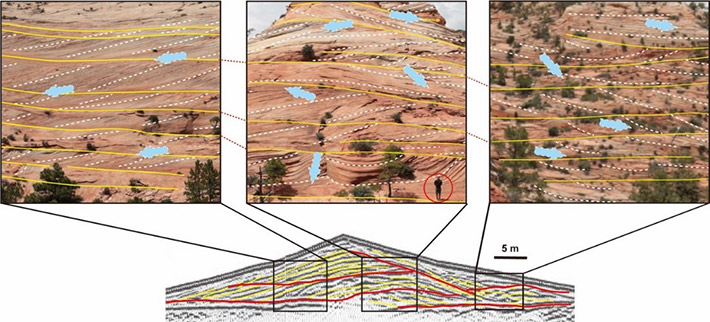図4. ザイオン国立公園に露出する地層（ナバホ砂岩）に見られる堆積構造（上）と、ナミブ砂漠に分布する現世縦列砂丘の内部構造（下）