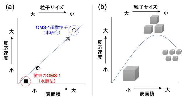 図3 表面積の酸化反応速度の関係。（a）本研究で確認されたOMS-1では、表面積と酸化反応速度が比例関係にある。（b）結晶性酸化物触媒では、表面積と触媒性能がトレードオフの関係にある（イメージ図）。