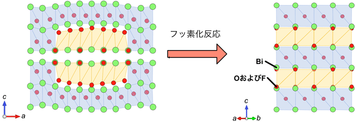 フッ素化反応前後でのBi–O(–F)層の構造変化の模式図。フッ素挿入により、c軸方向に蛍石ユニット（水色）と岩塩ユニット（オレンジ）が交互に積層する構造に変化しています。また、フッ素化により波のような構造の歪みが消失して、Bi–O(–F)層が面内（ab方向）に平らになっています。