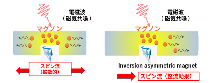 図2 スピンポンプによる拡散的スピン流（左）と整流効果によるスピン流（右）。 