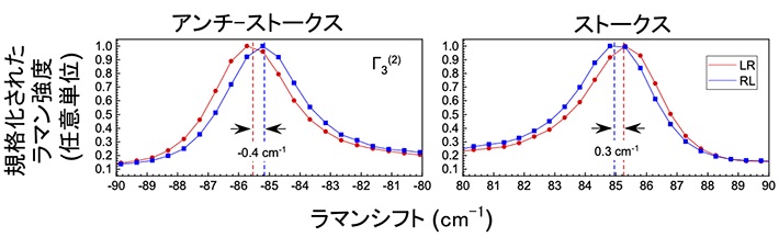 図2. α-HgSカイラル結晶（右手系）の円偏光ラマンスペクトル。左図：アンチストークススペクトル、右図：ストークススペクトル。赤点はLR（左円偏光入射、右円偏光散乱）配置、青点はRL（右円偏光入射、左円偏光散乱）配置を表す。