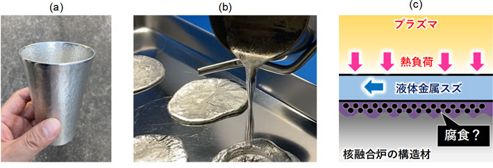 図1. (a) スズの食器、(b) 液体金属流体、(c) 液体金属ダイバータの仕組みと腐食の課題