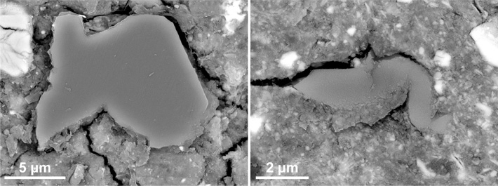 図2. 「リュウグウ」に含まれる高温鉱物の電子顕微鏡写真。左はかんらん石、右はスピネル。（©Kawasaki et al. 2022）