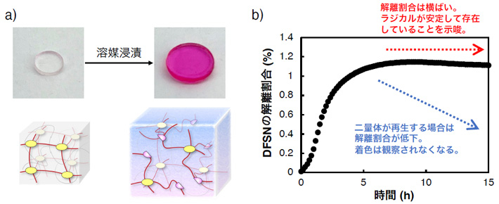(a) DFSN含有架橋高分子の膨潤誘起型メカノクロミズム[用語7]。 (b) 膨潤過程におけるDFSN活性化率の変化。