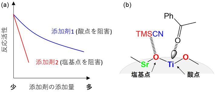 図3. （a）添加剤が与える触媒性能への影響と（b）SrTiO3触媒の表面のイメージ 