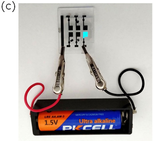 図2 開発した青色有機ELの（c）乾電池（1.5 V）1本で青に光る写真