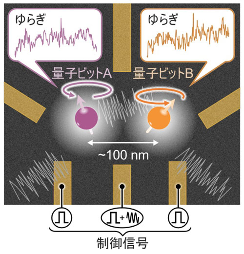 図1 量子ビットのペアに対する位相回転速度のゆらぎの同時測定 シリコン量子デバイス中に隣接して電子スピンを2つ閉じ込め、金属電極（黄土色）に制御信号を与えることで、それぞれを量子ビットとして動作させた。これらの量子ビットのペアに対し、誤りをもたらす位相回転速度のゆらぎ（時間的変動）を同時に測定することで、量子ビット間の誤り相関を評価した。