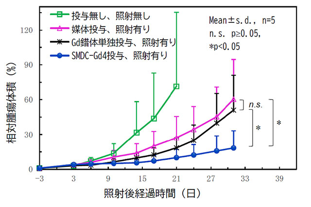 図4 SMDC-Gdを用いた中性子捕捉療法における腫瘍の増殖抑制効果（CT26大腸がん皮下移植モデルマウスを使用） 