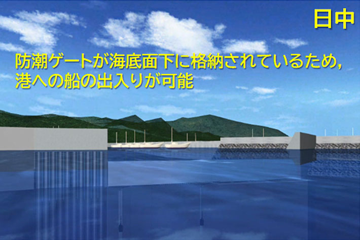 可動式防潮堤を活用した港における潮位差発電のイメージ：日中