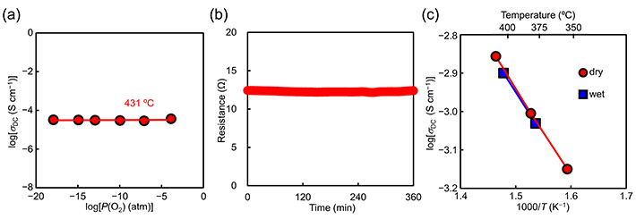 図3. Bi1.9Te0.1LuO4.05Clの (a) 直流四端子法で測定した直流電気伝導度σDCの酸素分圧依存性。電解質領域を示す。(b) 600℃における直流分極測定の結果。時間経過とともに抵抗が変化しないので、塩化物イオンと陽イオンによる電気伝導度の寄与は無視できる。(c) 乾燥窒素と湿潤窒素における直流電気伝導度σDC。両者の伝導度がほぼ同じなので、有意なプロトン伝導はないと考えられる。©著者ら (2024)