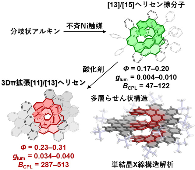 図3 3Dπ拡張ヘリセンの不斉合成と円偏光発光特性 