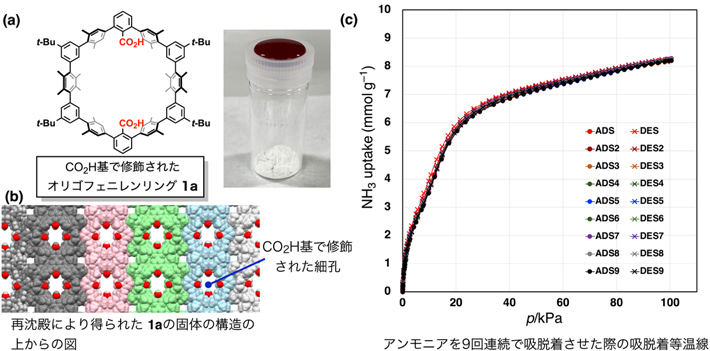 図2  (a)CO2H基で修飾されたオリゴフェニレンリング1aの構造式とその結晶性固体の写真（b）1aの結晶性固体の構造。（c）リング1aの結晶性固体に対し、20°Cでアンモニアガスを9回連続で吸脱着させた際の吸脱着等温線