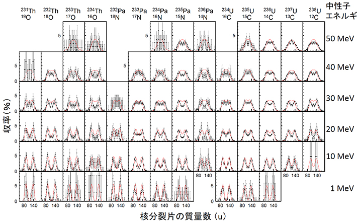 18O+232Th反応によって取得した14核種の核分裂片質量数収率曲線。複合核の励起エネルギーから、入射中性子エネルギーに換算した値を右に示しています。曲線は揺動散逸理論によるモデル計算の結果で、非対称な分布から対称な分布に変化する様子が再現されています。