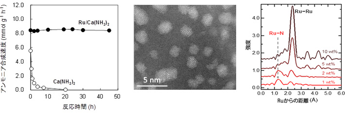 （左）カルシウムアミドおよびカルシウムアミドにルテニウムを固定した触媒を用いたアンモニア合成反応（Ru担持量：8wt%，反応条件：340 ℃，0.1 MPa）、（中）カルシウムアミドにルテニウムを固定した触媒の電子顕微鏡画像、（右）さまざまな担持量でルテニウムを固定したカルシウムアミドのRuK殻EXAFSフーリエ変換スペクトル。ルテニウムの担持量をwt%で表わしている。