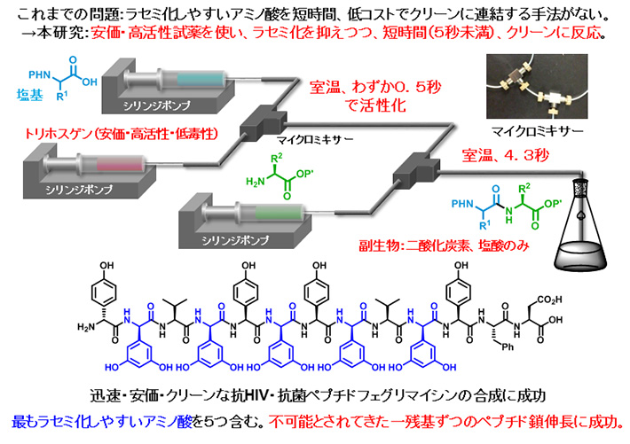 これまでの問題：ラセミ化しやすいアミノ酸を短時間、低コストでクリーンに連結する手法がない。→本研究：安価・高活性試薬を使い、ラセミ化を抑えつつ、短時間（5秒未満）、クリーンに反応。迅速・安価・クリーンな抗HIV・抗菌ペプチドフェグリマイシンの合成に成功 最もラセミ化しやすいアミノ酸を5つ含む。不可能とされてきた一残基ずつのペプチド鎖伸長に成功。