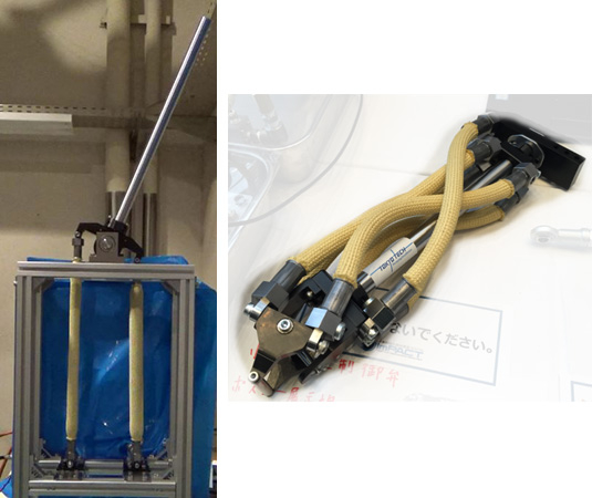 ロボットアームへの応用例（左：2本の人工筋肉を用いたロボットアーム、右：6本の人工筋肉を用いたロボットの手首部）