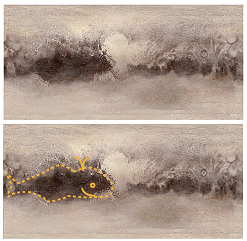 探査機ニューホライズンズが撮影した画像を基に、メルカトル図法で作成された冥王星の地図（画像提供 NASA/APL）。下図の点線は、クジラ模様の褐色の領域「クトゥルフ領域」を模式的に示している。