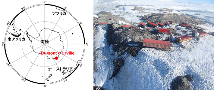 南極Dumont d'Urville基地の位置と外観（撮影 石野咲子 2017年）