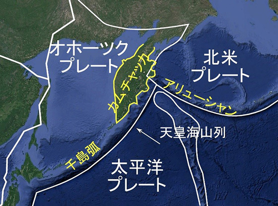 カムチャッカ半島のテクトニクスセッティングと調査地域。