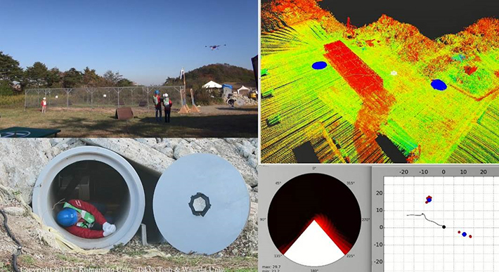 瓦礫（土管）の下の要救助者をその声から発見している様子（右上地図の青丸が検出された音源位置を表す）